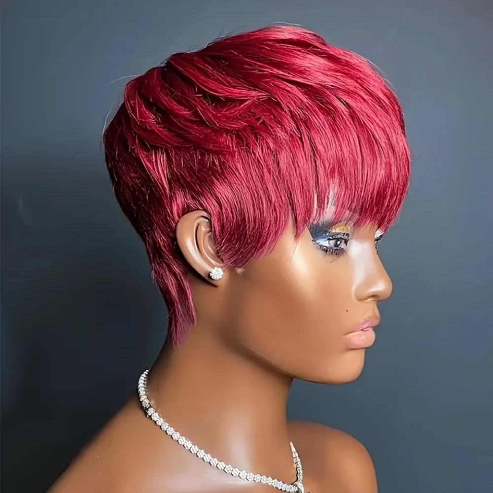 

Короткие стрижки пикси, прямой боб, бразильские человеческие волосы, парики с челкой для женщин, бордовый, красный, машинный парик для повседневного мы