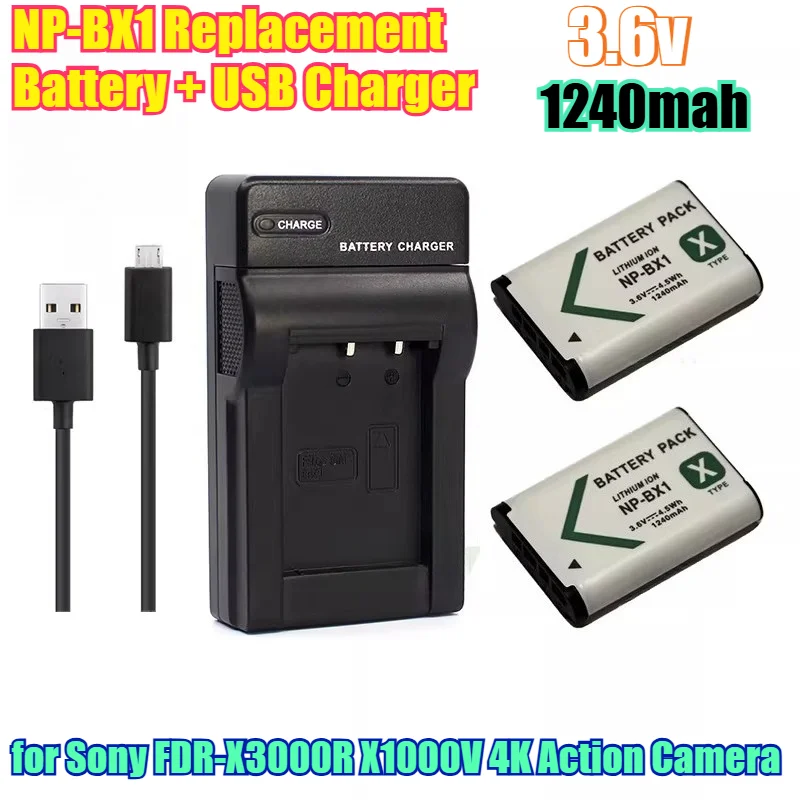

Аккумулятор NP-BX1 повышенной емкости 1240 мАч + зарядное устройство USB для экшн-камеры Sony FDR-X3000R X1000V 4K — быстрая зарядка