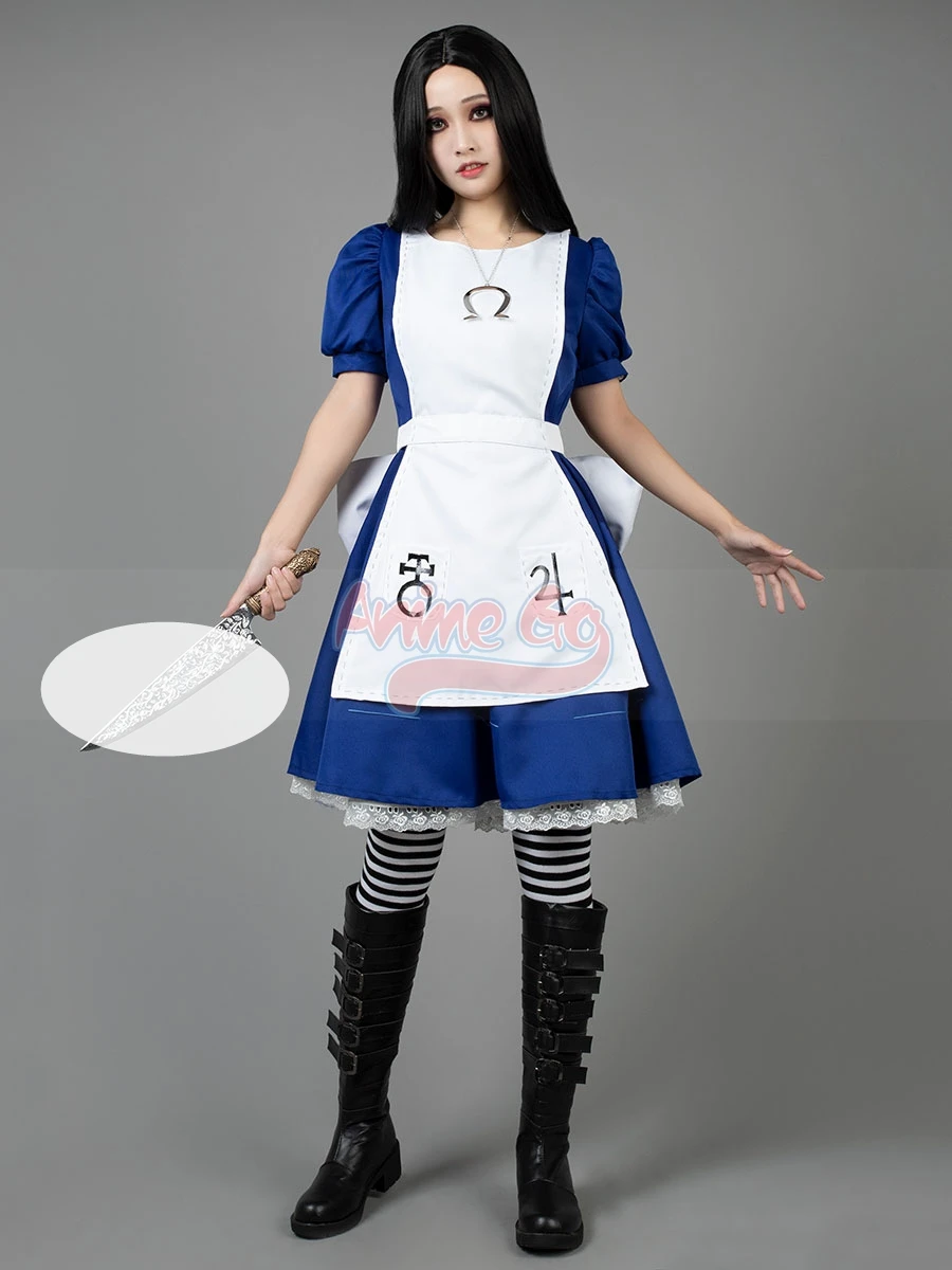 

Alice Madness Returns Alice Cosplay Costume Blue White Classic Dress for Women Halloween Party