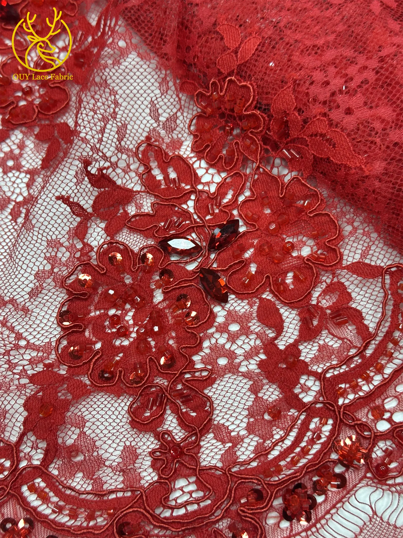 Roter Afrikanischer Bräutigam Stickerei Perlen Pailletten Spitzenstoff 3 Meter Strass Französischer Tüll Spitzenstoff Nigerianisches Hochzeitskleid – Detail 7