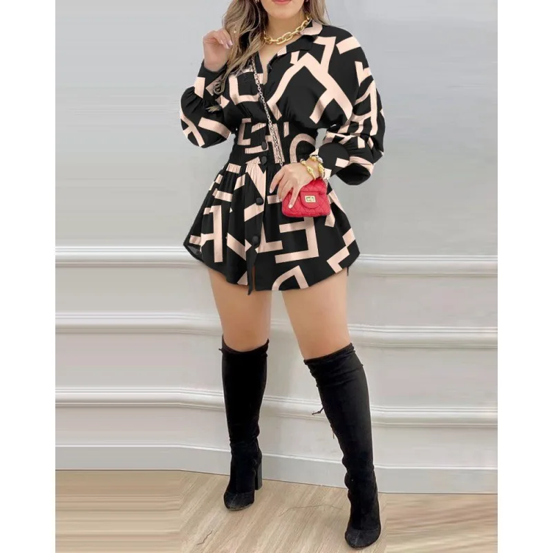 فستان قميص نسائي بأزرار وأكمام فانوس ، حزام خصر أحادي اللون وحروف ، موضة غير رسمية ، اتجاه الملابس ،