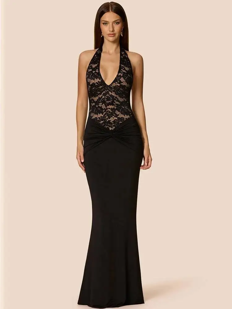 

Fantoye Patchwork Sexy Backless Lace Halter Women Maxi Dress Black Deep V-neck Ruched Autumn Skinny Elegant Party Evening Dress