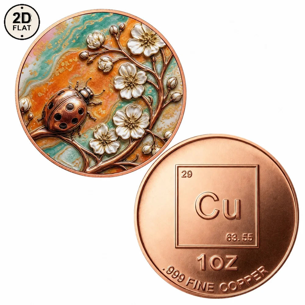 1pc 1oz Fine Copper Ladybug Flower Branch Challenge Coin Cute Lady Beetle Floral Art Commemorative Medal Gift for Insect Lovers