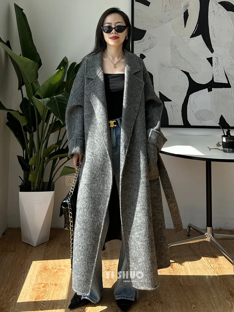 Casual Solid Color Double-sided Wool Alpaca Coat Women Long Temperament Lapel Long Sleeve Warm Woolen Coats Loose Autumn Winter