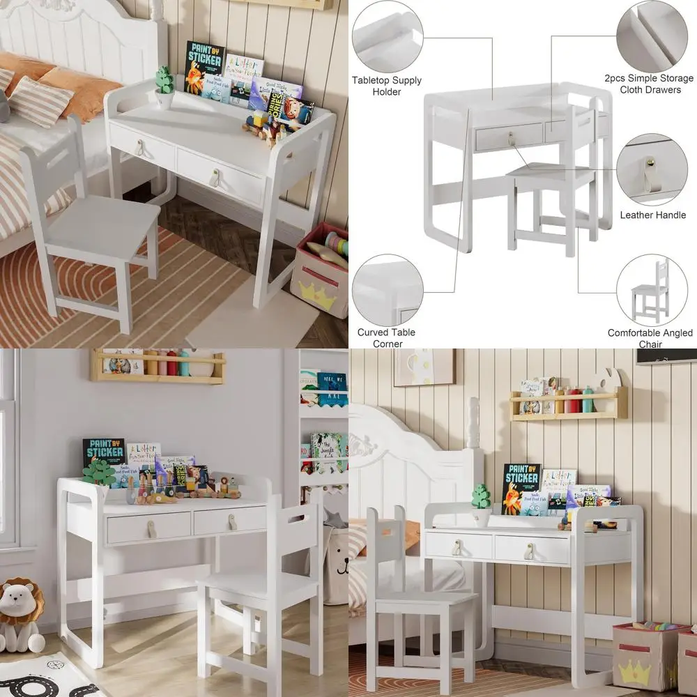 White Wooden Kids Study Desk with Drawers, Children's Writing Table Set for School and Home