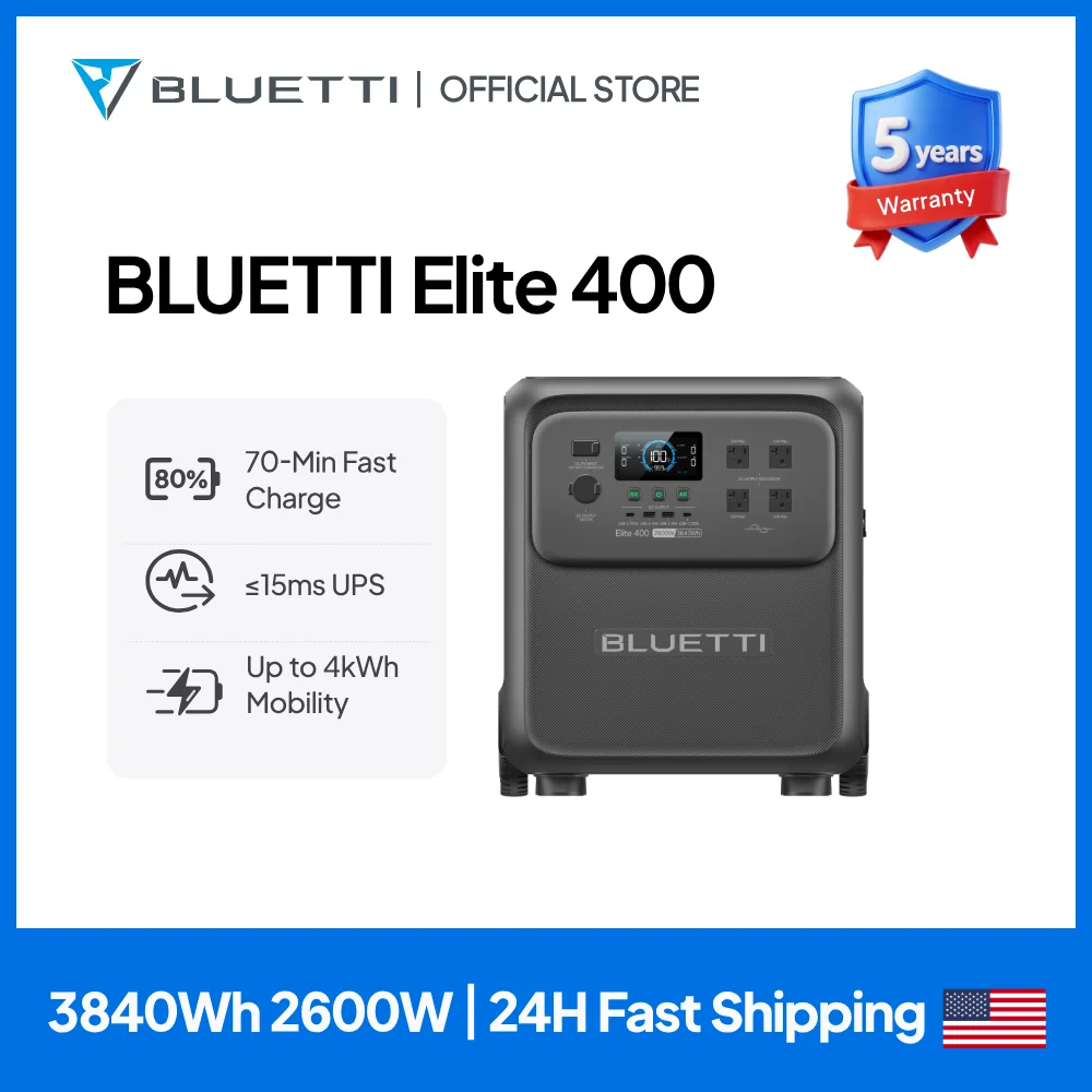 BLUETTI Elite 400 2600W 3840Wh Ultra Large Capacity Solar Power Station Multi High Power Ports Fast Dual Charging 6000 Long Cycle Battery Pack for RV Trailer Overlanding Permanent Off Grid Cabin Camping