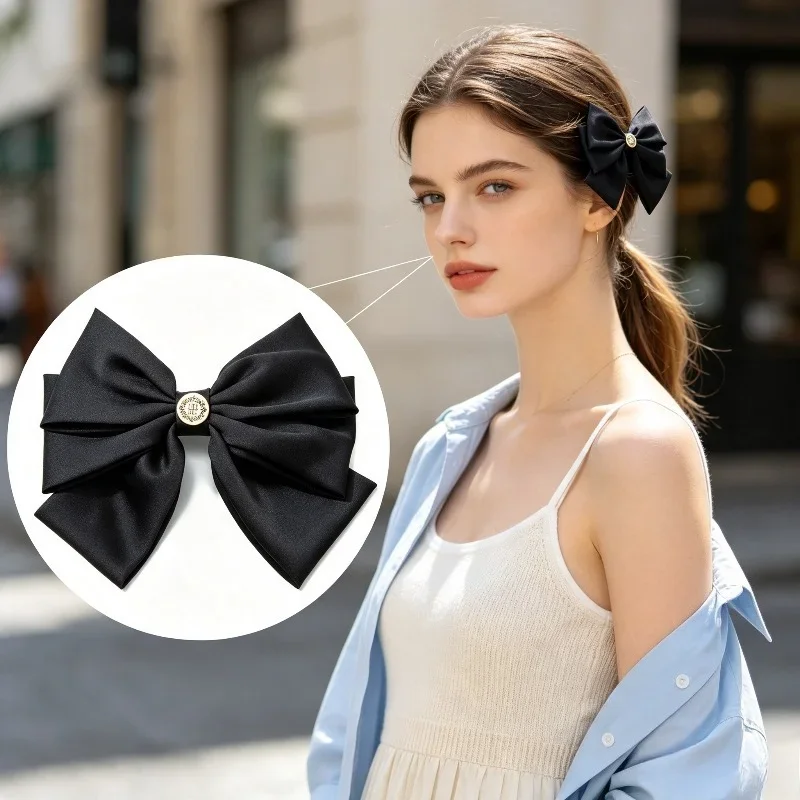 Women Satin Oversized Bow Hair Clip Luxury Spring Barrette Large Back Letter Solid Color Trendy Hairpin