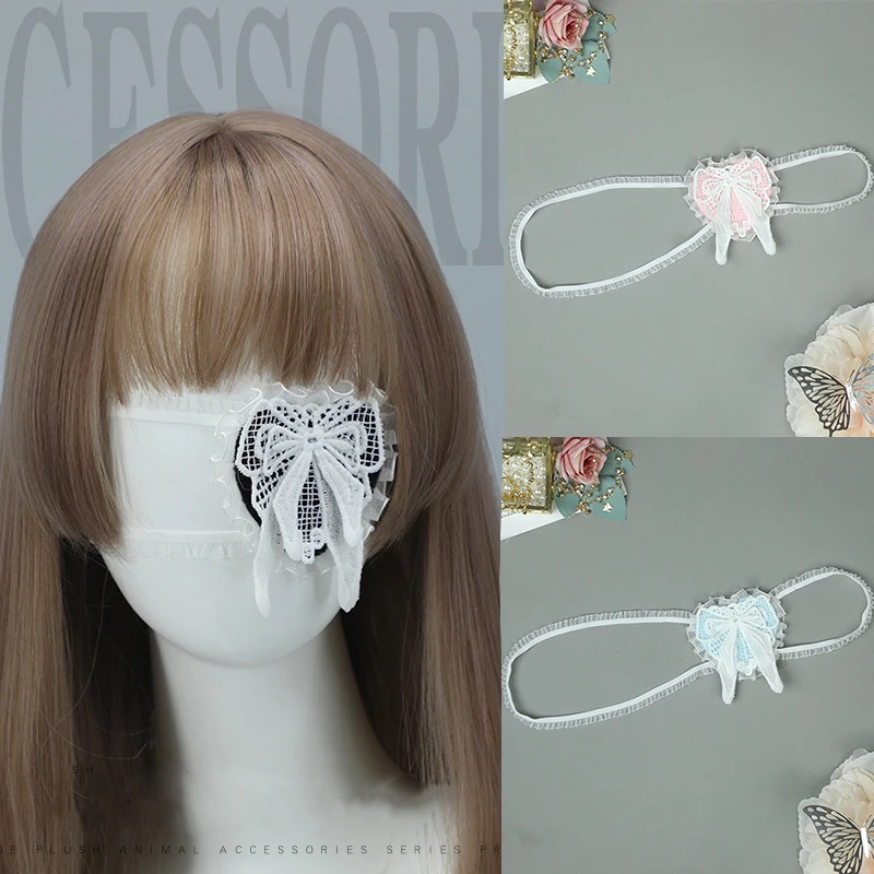 Kobiety Lolita gotycka maska ​​na oczy kokardka w kształcie serca koronkowe akcesoria Cosplay Anime krzyż jednookie okulary dziewczyny odzież rekwizyty prezenty dla przyjaciół