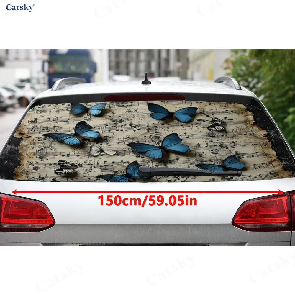 Sheet Music & Blue Butterfly PVC Perforated Car Vinyl Wraps, Durable Car Rear Windshield Sticker, Waterproof Car Window Decal