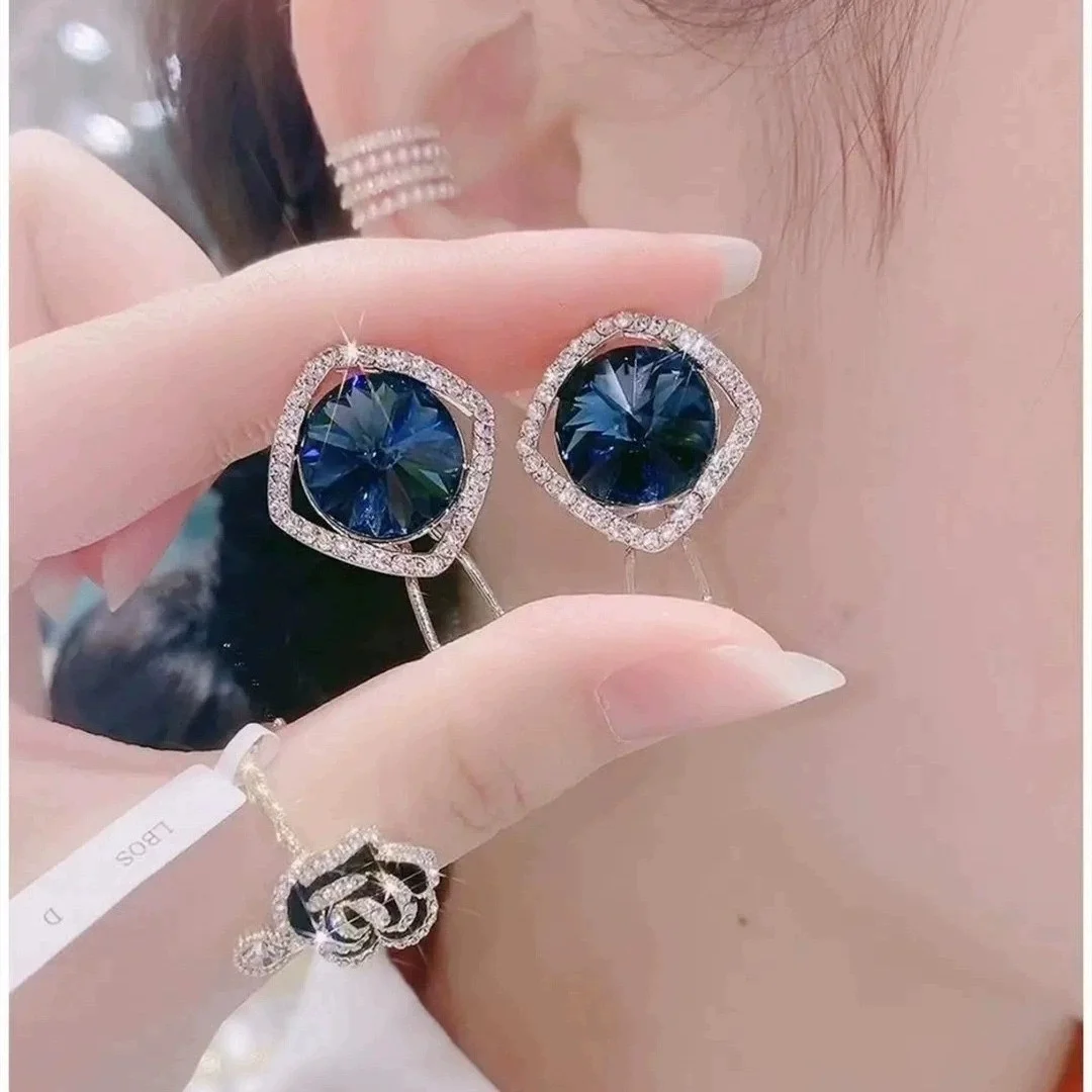 Big Round Crystal Blue Purple Pink Color Crystal Rhinestone Stud Earrings for Women Geometric Square Brincos Jewelry Girl Gift