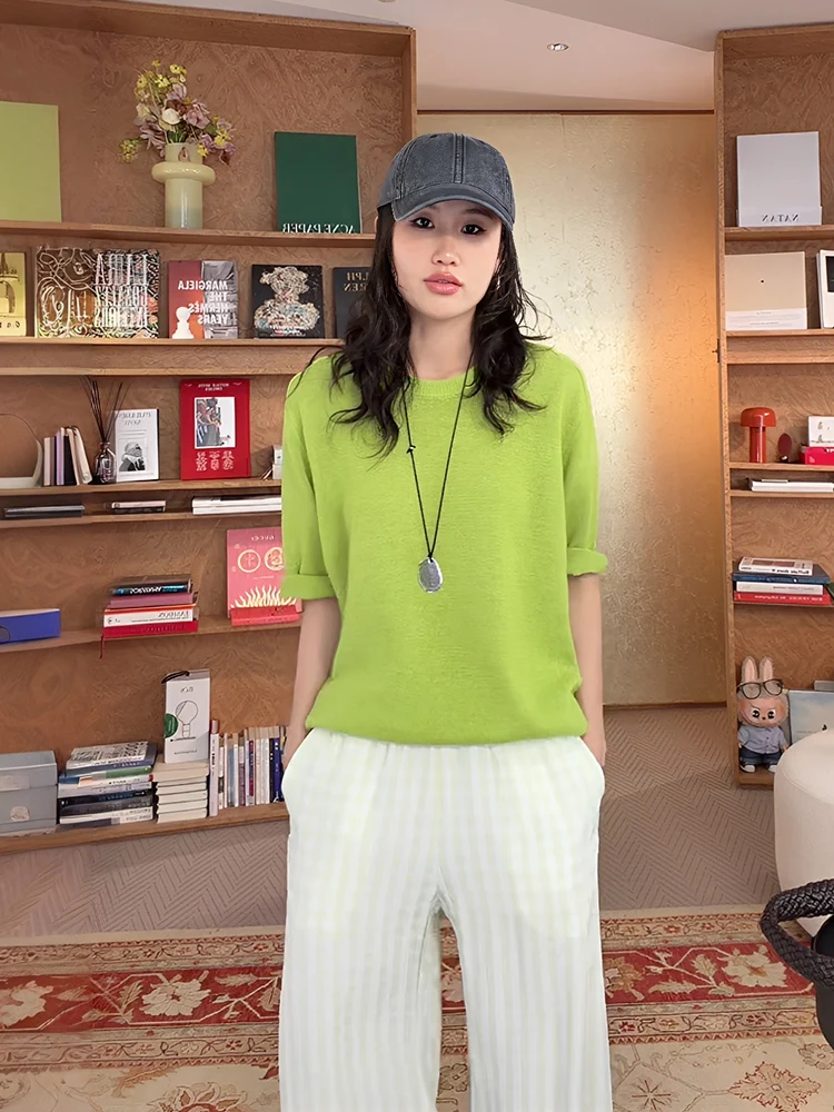 

Le Samedi Knitted Short Sleeve round Neck T-Shirt Women's Loose Comfortable Cotton Casual Fashion Top Breathable Soft Fabric