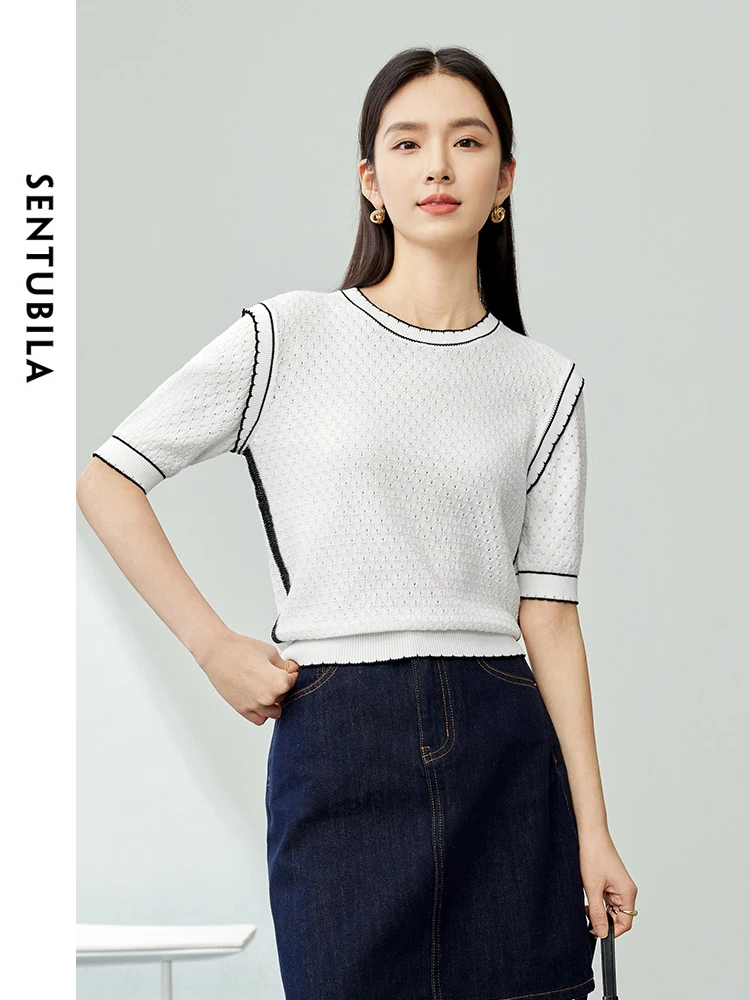 SENTUBILA Contrast Round Neck Short Sleeve Knitted Top 2024 Summer Cotton 100% Simple Casual Womens Pullovers Clothes W42H53923