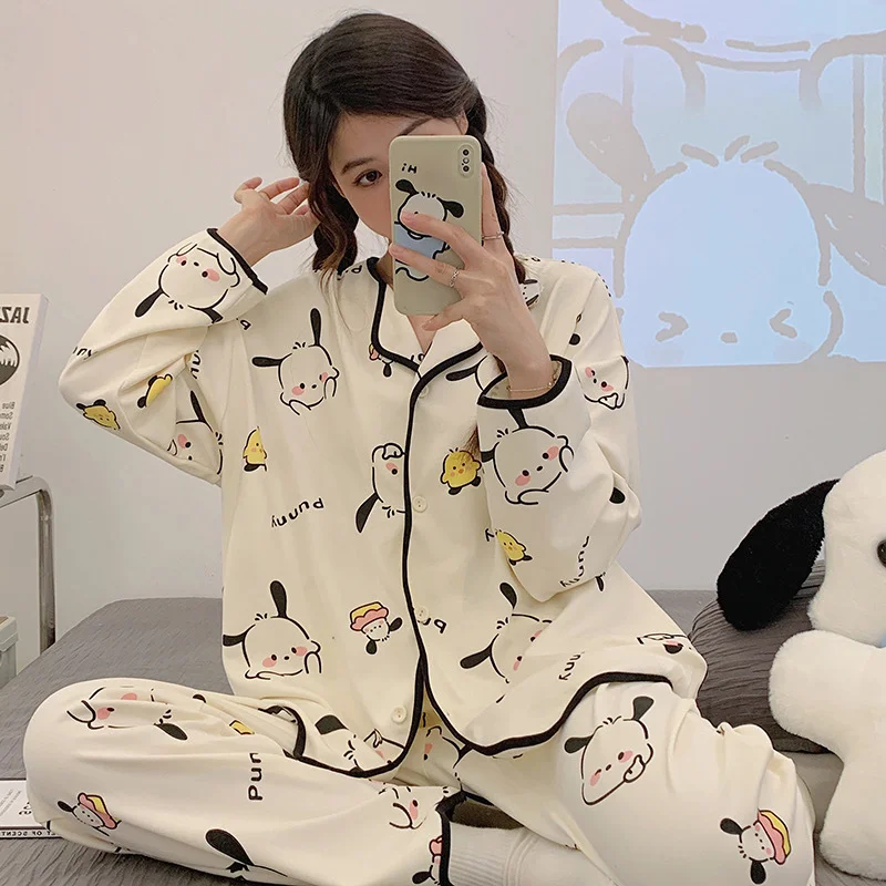 Sanrio-Pijama de manga larga con dibujo de oso de fresa para mujer, conjunto de ropa de estar por casa con bonito perro, primavera y otoño