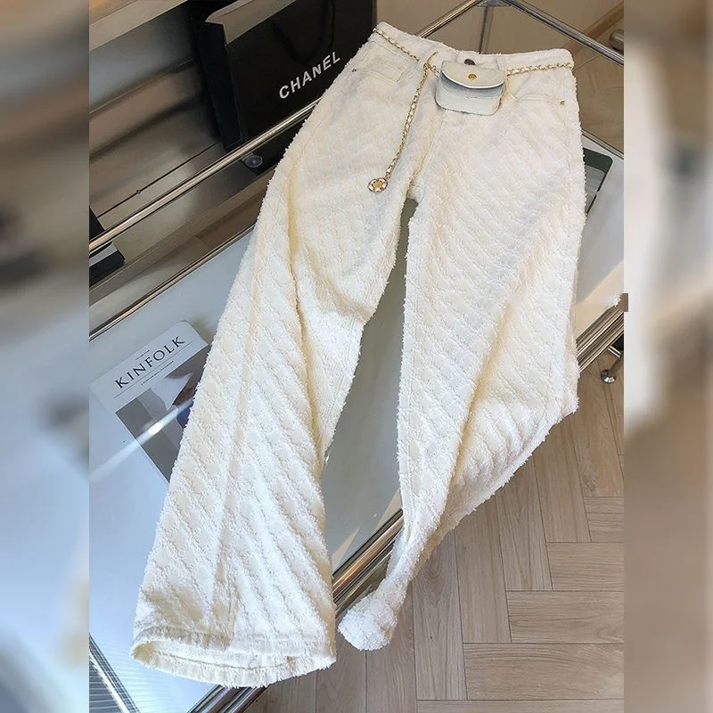 

Plaid Jacquard Straight Leg Pants Women Spring Autumn Cotton Jeans Casual High Waisted Wide Leg Pant Fashion Pocket Denim Pants
