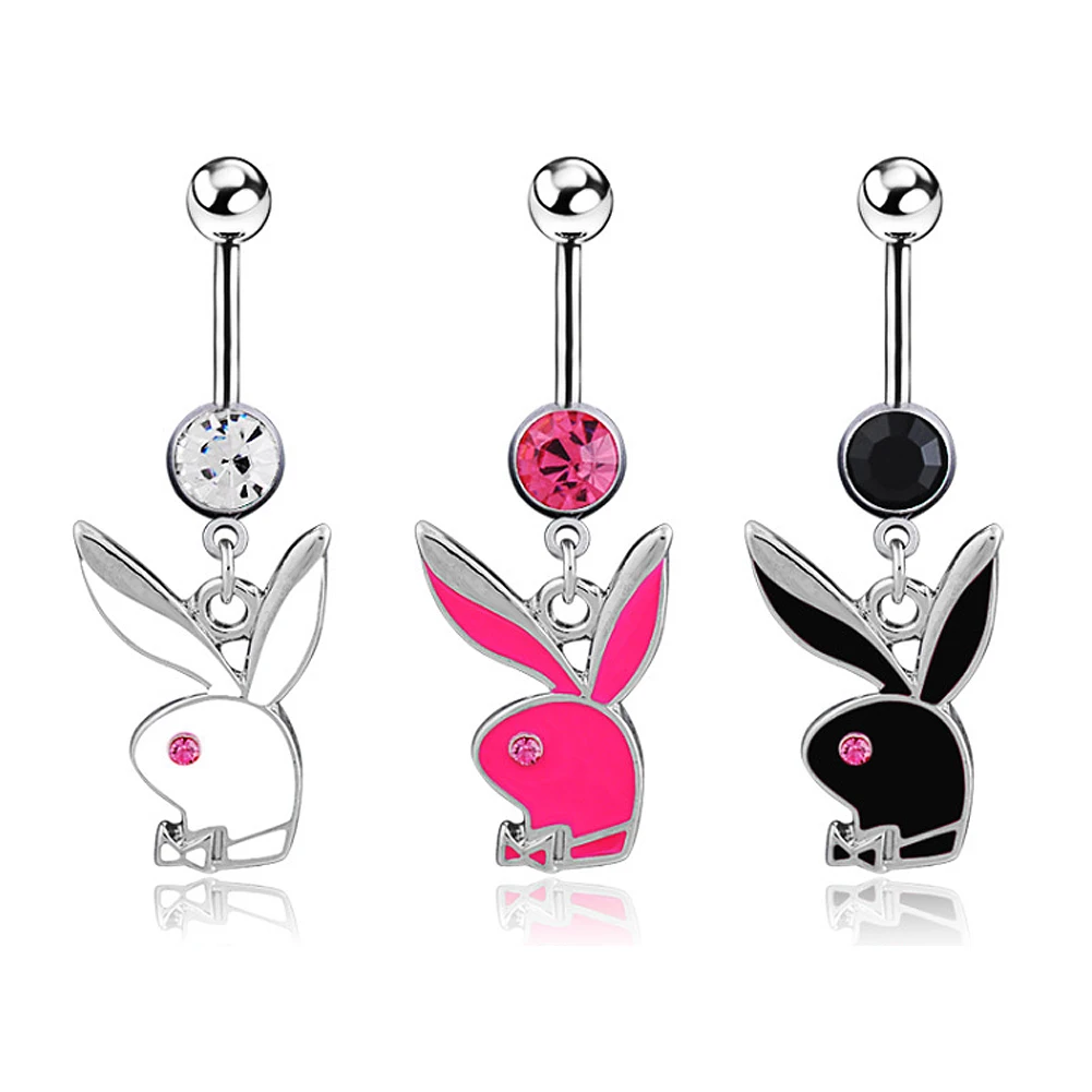 Black/white/pink Zircon Lovely Rabbit Pendant Belly Button Ring Surgical Steel Navel Piercing Belly Piercing Sexy Body Jewelry