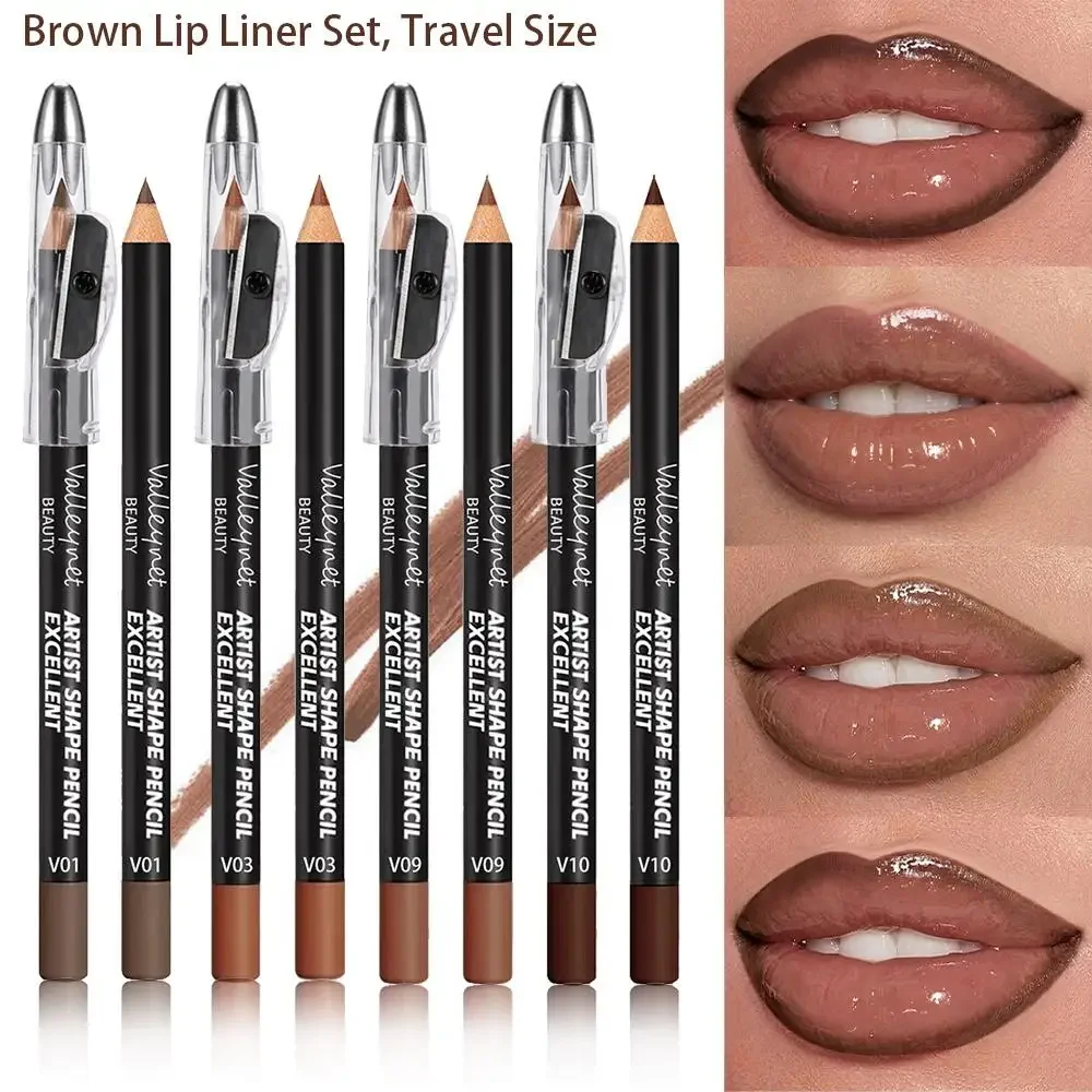 4 Piece Brown Shades Lip Liner Set, Matte, Waterproof, Compatible with Various Lip Glosses and Lipsticks, Portable Bag Size