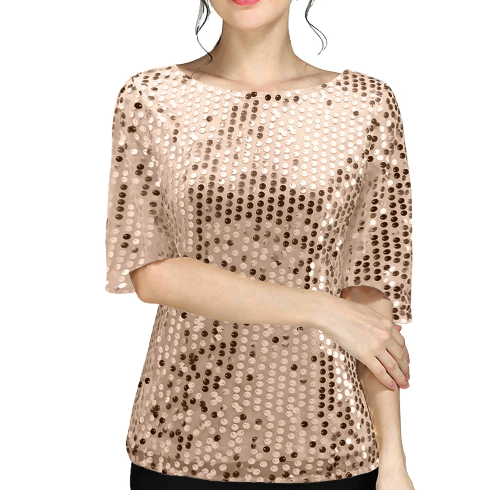 Women's Sequines T-shirt Carnival Stage Performance Blouse Fashion Short Sleeve Vintage Blouse Top Women Tunic High Street image 2