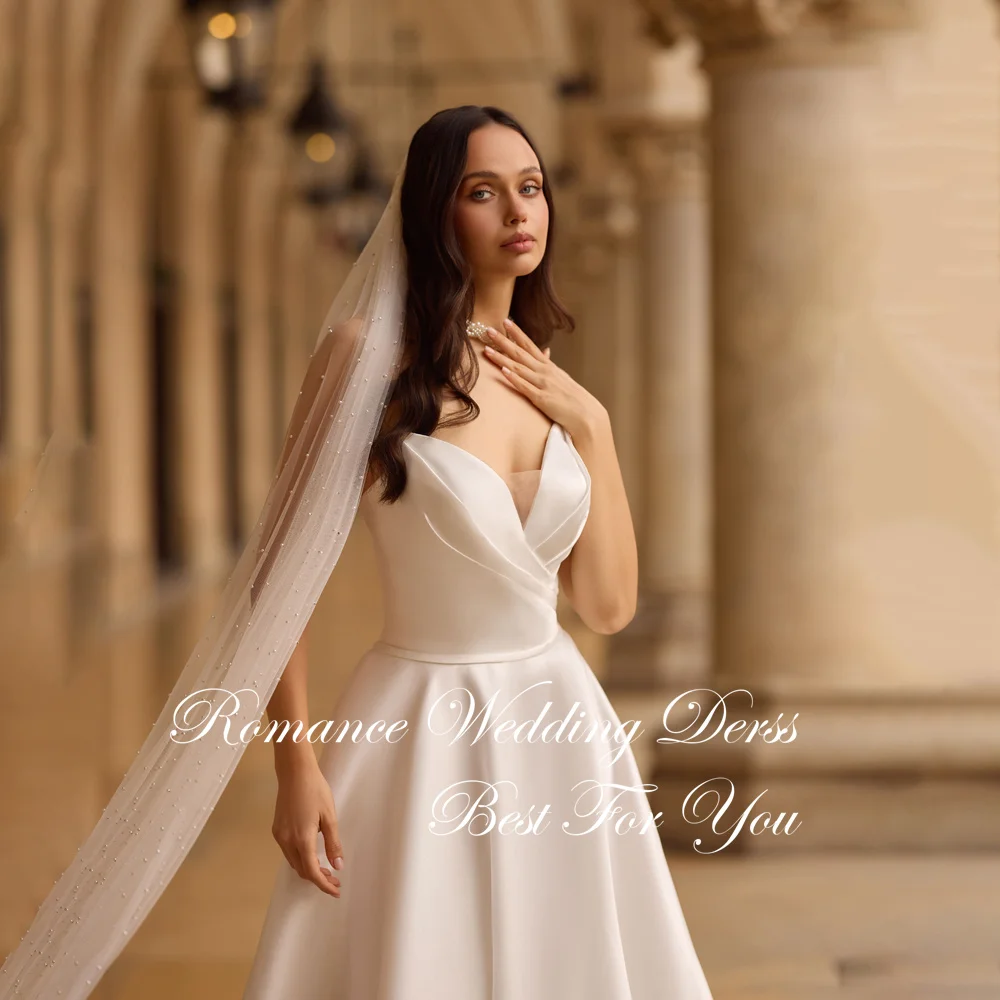 Moderno plissado com decote em v a linha vestido de casamento 2026 sem costas varredura trem sem mangas botões vestido de noiva vestidos de novia personalizado