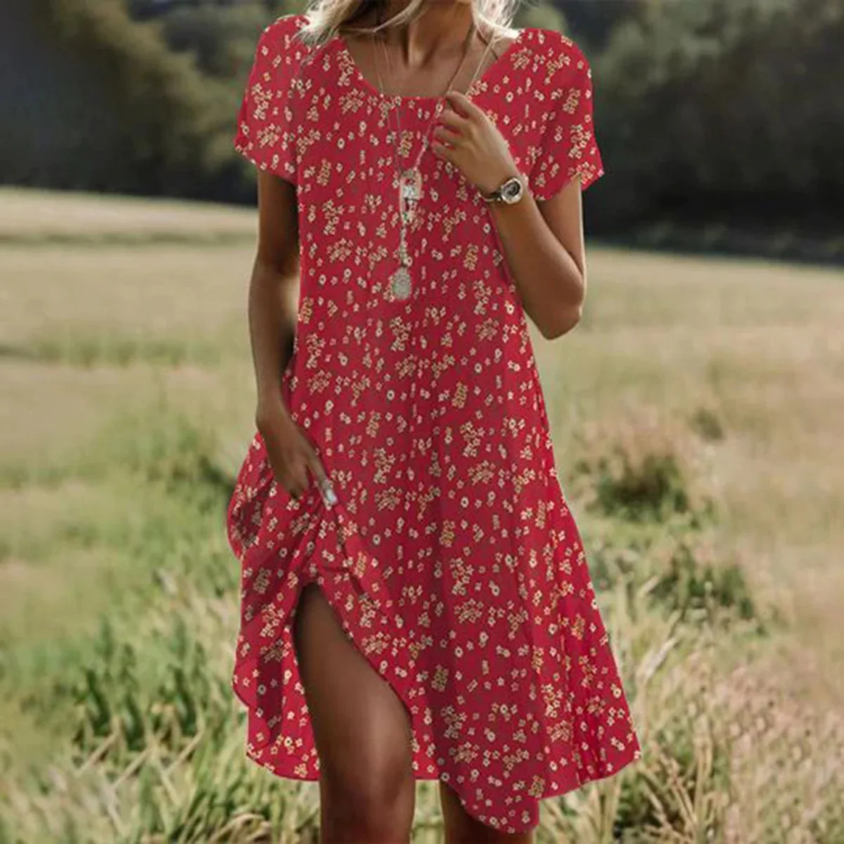 Vestido con estampado Floral para mujer, moda Bohemia, vestidos de vacaciones en la playa para mujer, pantalón corto informal de manga corta con cuello redondo, vestido tipo jersey, bata de verano