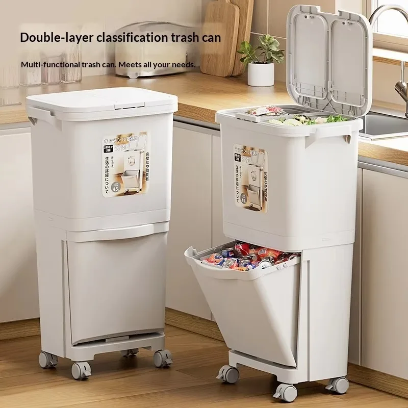 Double Layer Dry Wet Separation Foot-Pedal Trash Can PP Plastic Pressable Lidded Sorting Waste Bin for Kitchen Household Use