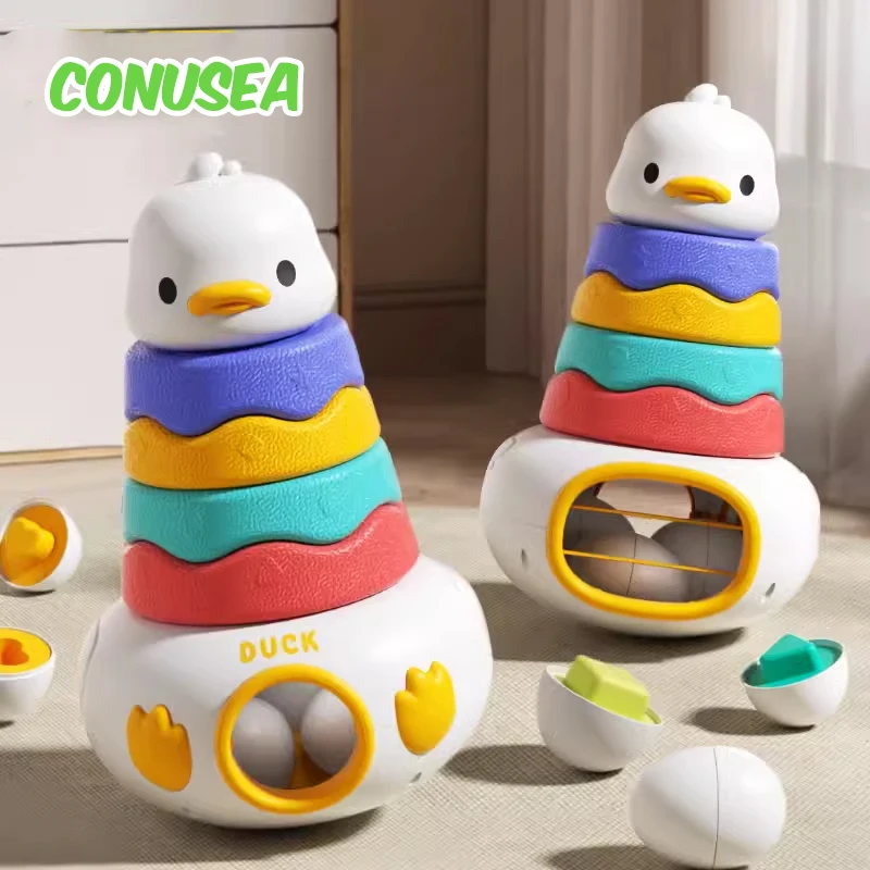 Toddler Montessori Toys Cute Duck Tumbler Baby Toy 0-12 Months Storage Stack Shaped Sorting Game Parent-Child Interactive Game