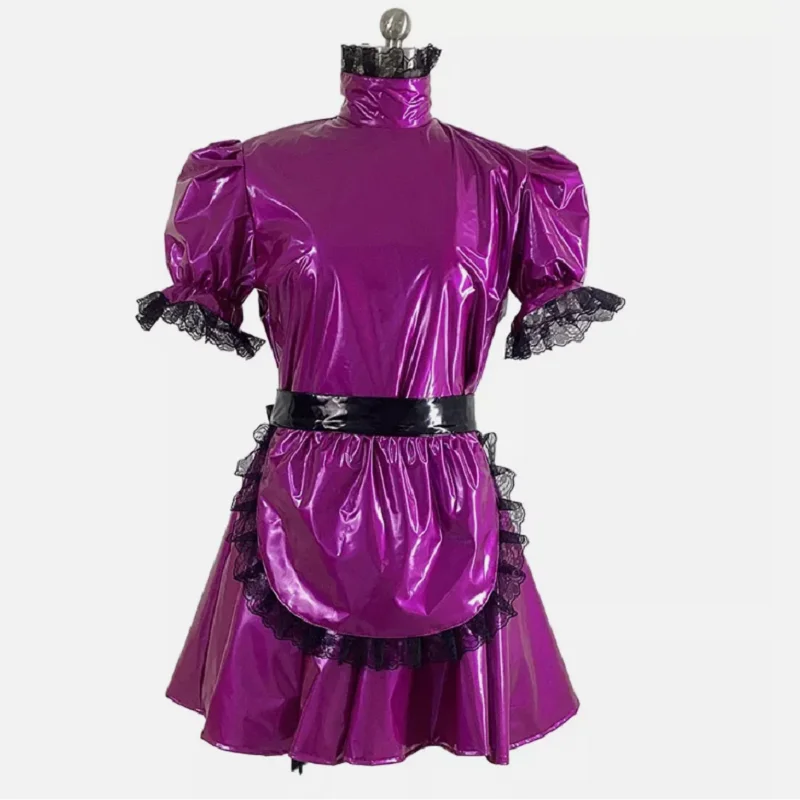 

Lockable PVC Leather Maid Uniforms Puff Sleeve Apron Maid Dress Cosplay Outfits