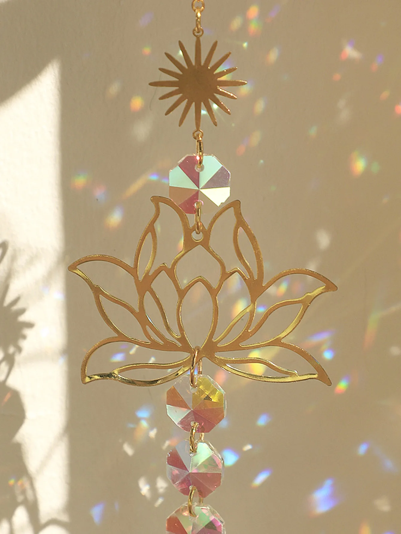 1pc Suncatcher Gardening Crafts Golden Lotus AB Colorful Water Drop Pendant Crystal Decoration Pendant