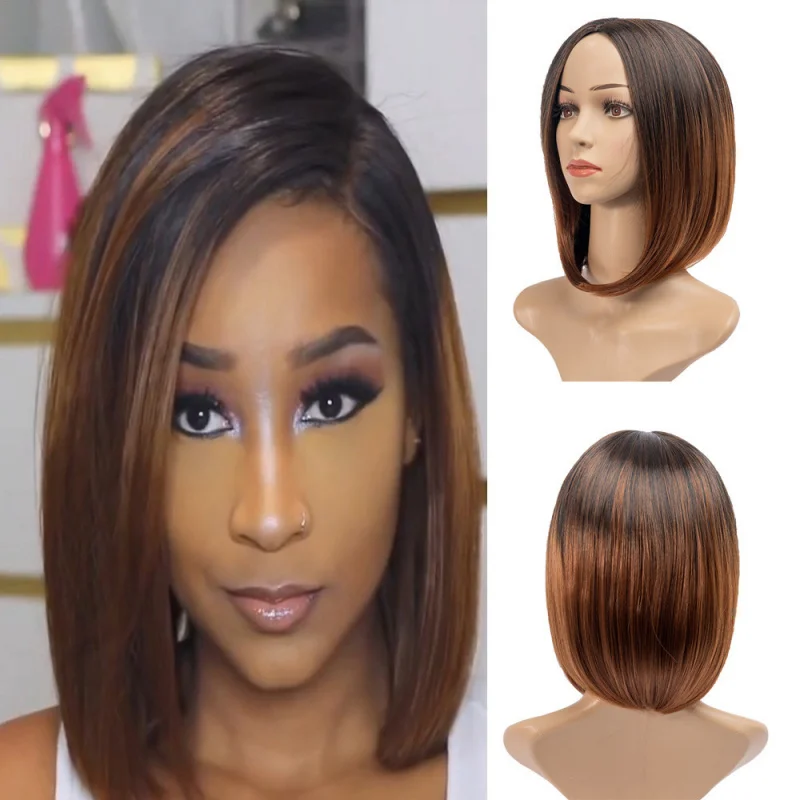 女性向けの新しいファッション、ミドルパートの前髪が付いたショートストレート、人毛を模倣したボボグラデーション合成ウィッグ