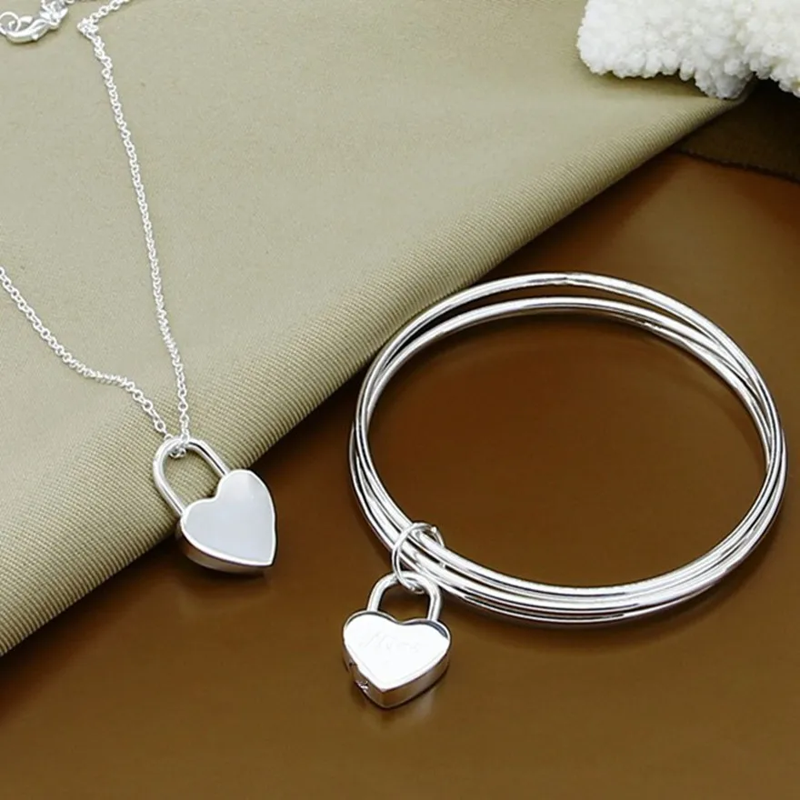 Fine 925 Sterling silver Charms heart Necklace Bangle 6.5cm jewelry sets female lady women wedding fashion  set