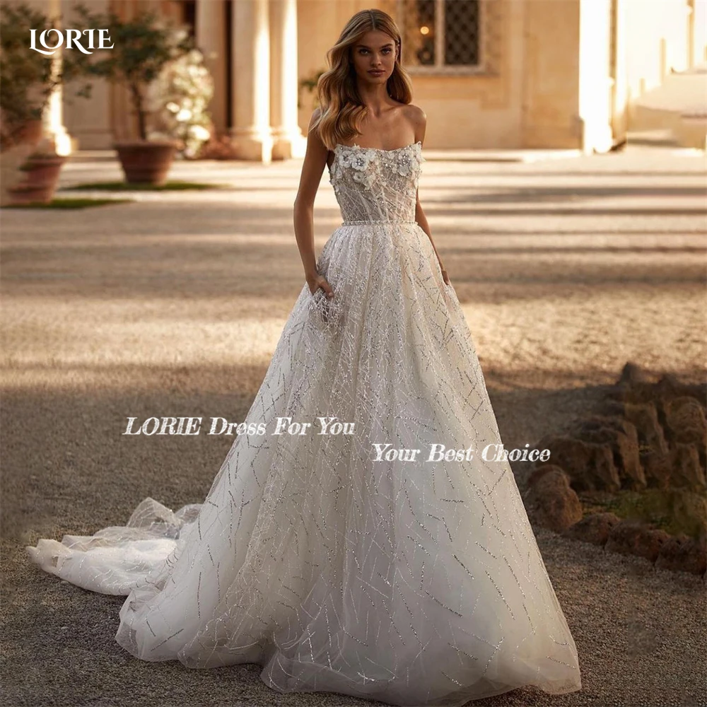 LORIE Glitter Lace Princess Wedding Dresses Square Collar Off Shoulder Puffy Shiny A-Line Bridal Gowns Boho Sparkly Bride Dress