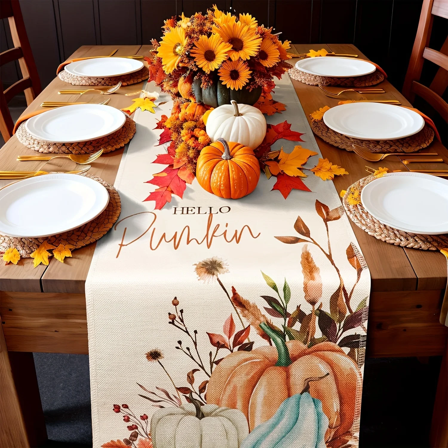 Rustic Fall Linen Table Runners Autumn Pumpkin Harvest Thanksgiving Day Party Decor Reusable Holiday Kitchen Dining Room Decor