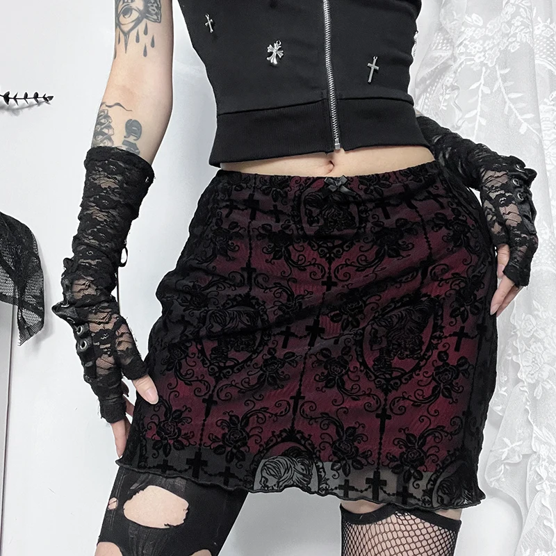 Goth Black Lace Flocking Skull Cross Print Mini Skirts for Women Y2K Vintage Sexy Red Layered Bodycon Summer Fashion Short Skirt