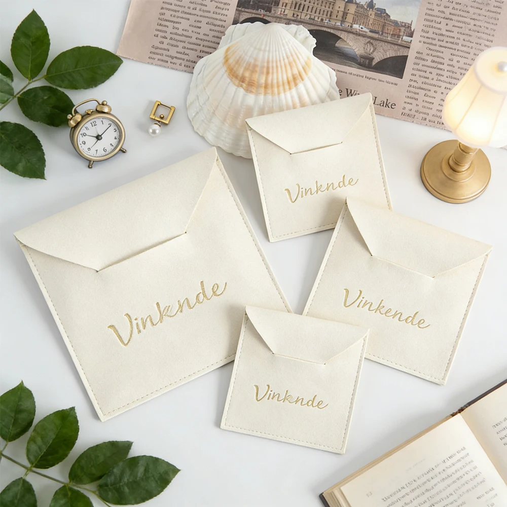 

Beige Ivory Microfiber Jewelry Bags Wedding Party Favor Envelope Pouch Custom Logo Bulk Earring Bracelets Rings Organizer Bag