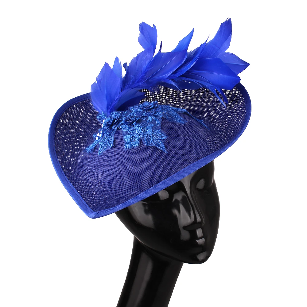 Big Royal Blue Fascinator Hat Wedding Occasion Women Headpiece Lace Flower Millinery Caps With Fancy Feather Hair Accessories