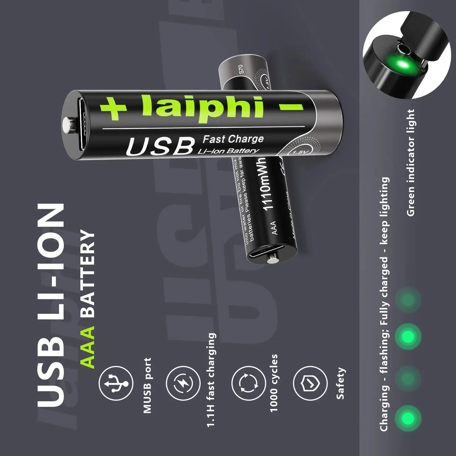 1.5V AAA1100mWh Rechargeable Lithium Battery Fast Charging For MP3 Remote control, Flashlight, Alarm clock+ Cable