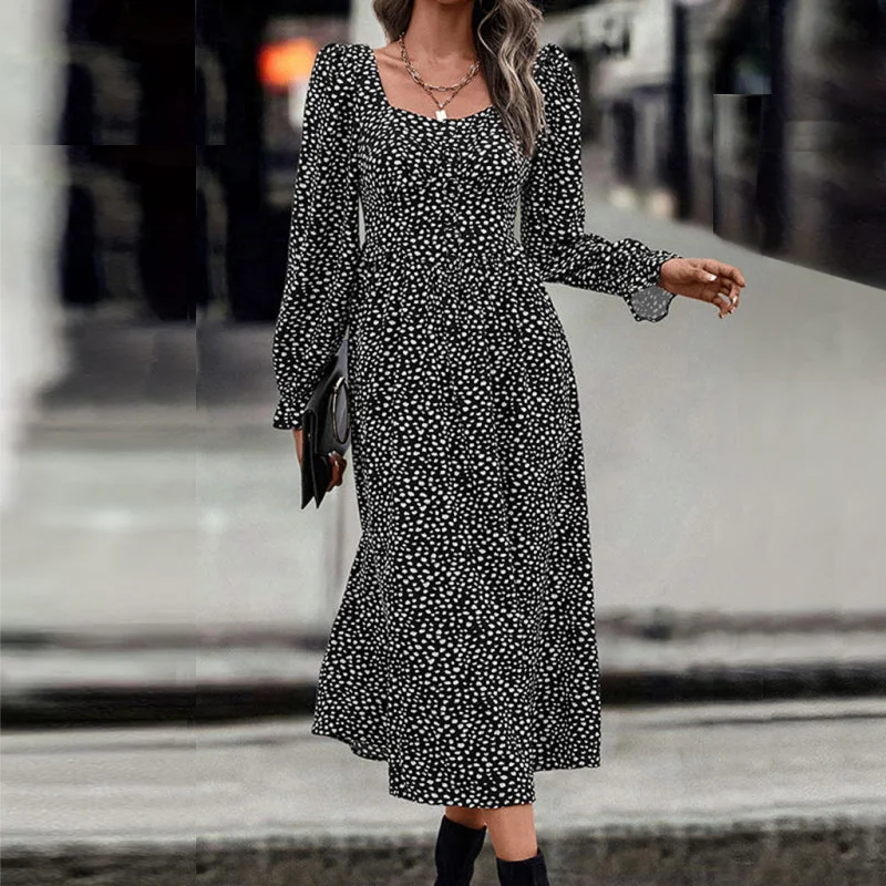 Plus-Size Polka Dot Print Square-Neck Midi Dress Elegant Stylish Loose Long-Sleeve Waist-Cinching Women's Dress view 5