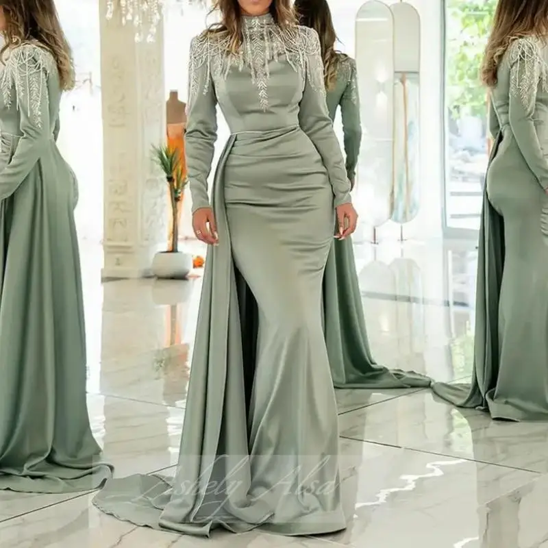 Customized Muslim Meramid Evening Dress Long Sleeve High Neck Long Formal Occasion Dress Mother Wedding Party Gown Robe Soire