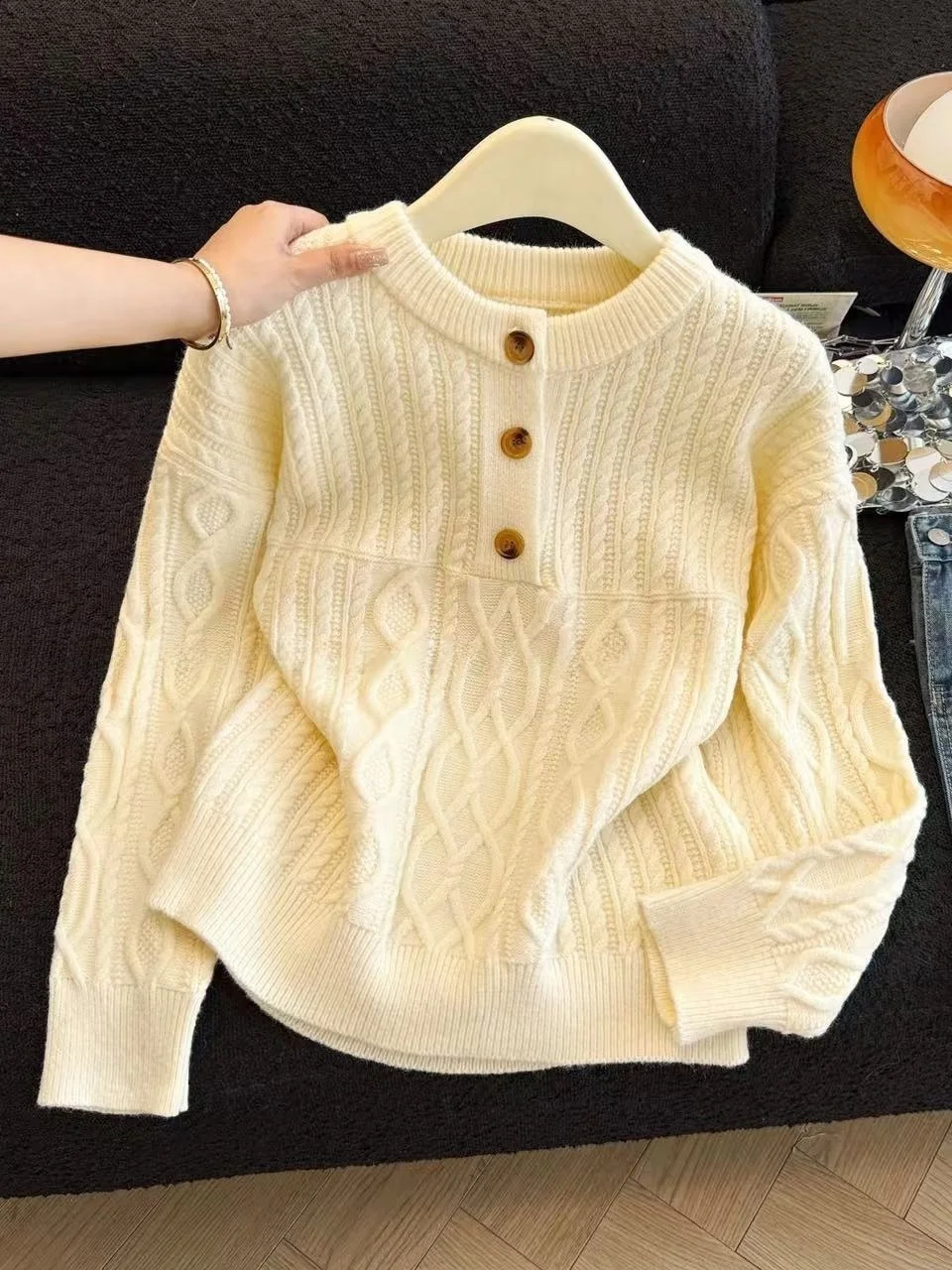 

Корейский свитер крупной вязки свободного кроя для женщин, осенне-зимняя повседневная верхняя одежда, топ с открытым воротником, облегающий силуэт