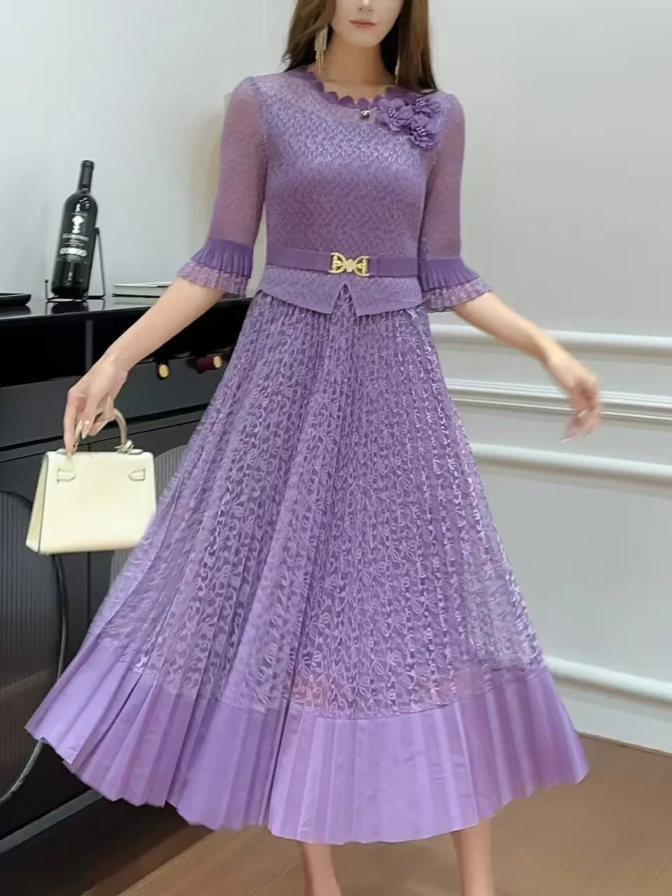 Spring Summer Lace Panel Slim Fit Petal Collar 3D Flower Decorated Pleated Skirt Dress Elegant Chiffon High Waist Business Ca...