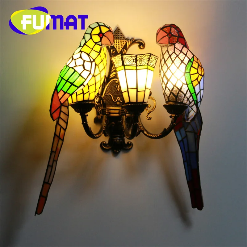 FUMAT Tiffany Stained Glass European Style wall lamps Multi-headed Parrot series Decor balcony bedroom hallway wall light