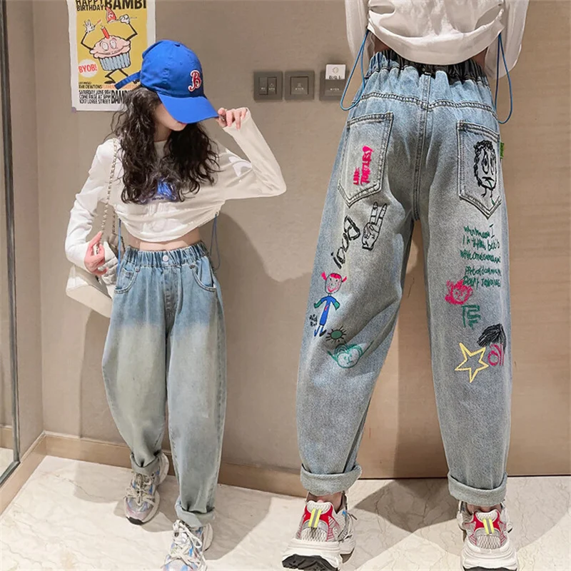 Spring 2024 new girls' graffiti printed Haren jeans for 6-15 years old