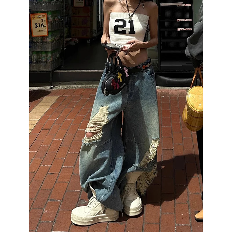 

ZHIZOU High Waist Ripped Women's Blue Jeans Hip-hop Style Vintage Streetwear Y2K Wide Leg Jean 2000s Trouser Baggy Denim Pants