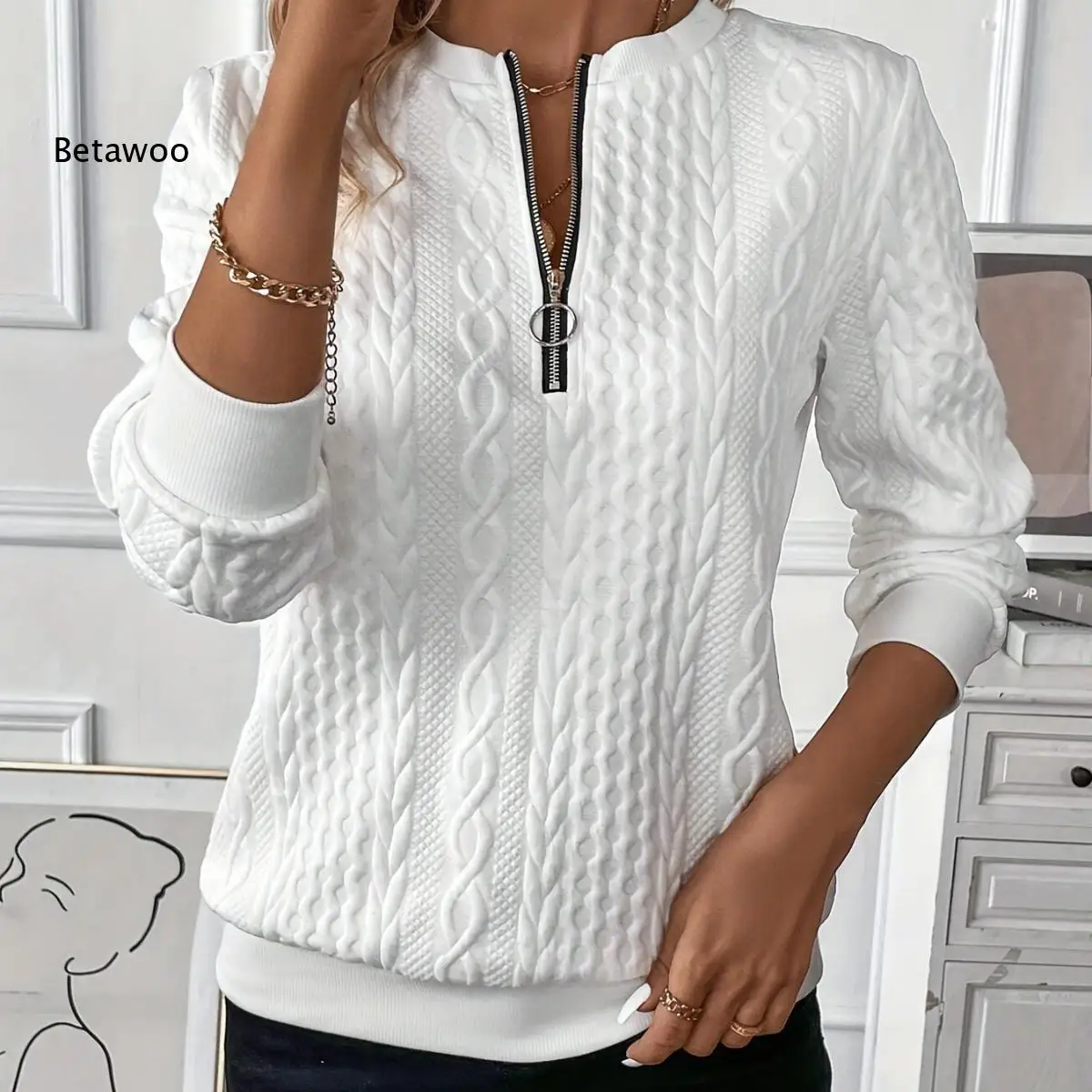 Women Cable Textured Half Zip Sweatshirt O Ring Zipper Round Collar Long Sleeve Ribbed Cuffs Casual Pullover Tops