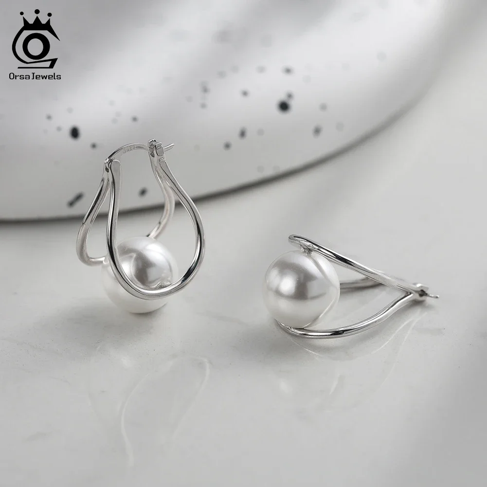 ORSA جواهر أنيقة شل اللؤلؤ هوب أقراط للنساء S925 الفضة 12 مللي متر الخام أقراط اللؤلؤ الطبيعي مجوهرات يومية هدية PSE06 #3