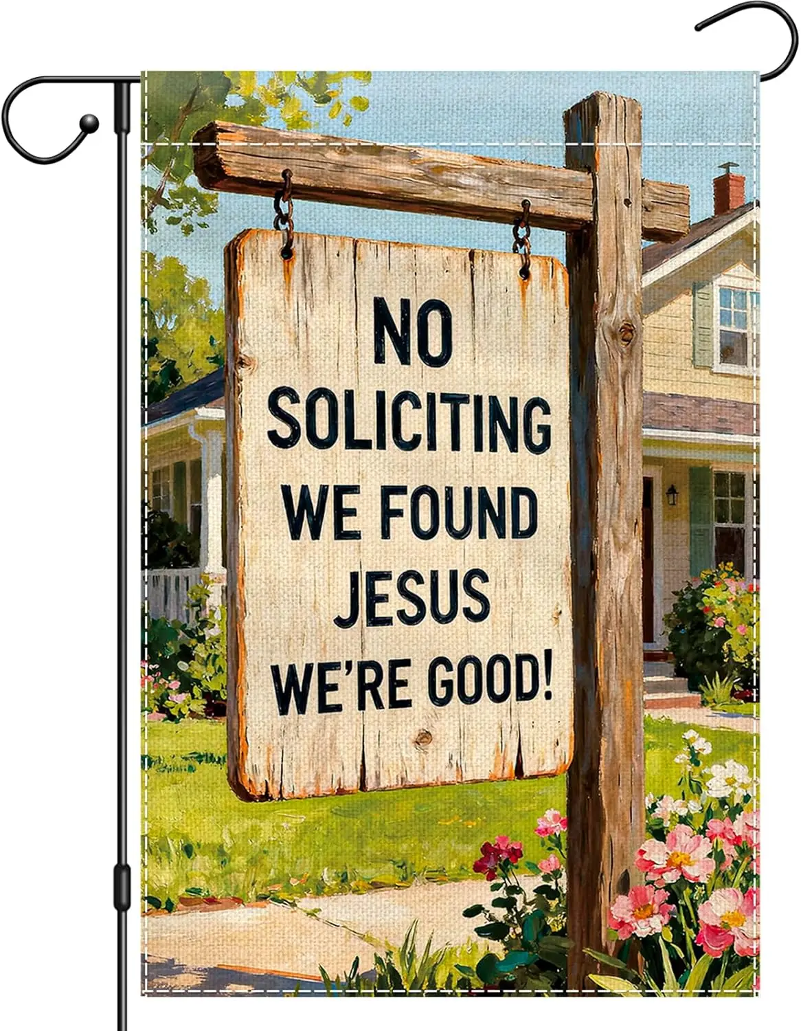 No Soliciting Garden Flag 12x18 Inch Double Sided, We Found Jesus We're Good Yard Flag for Outside, Funny Faith Small Bu ZZM