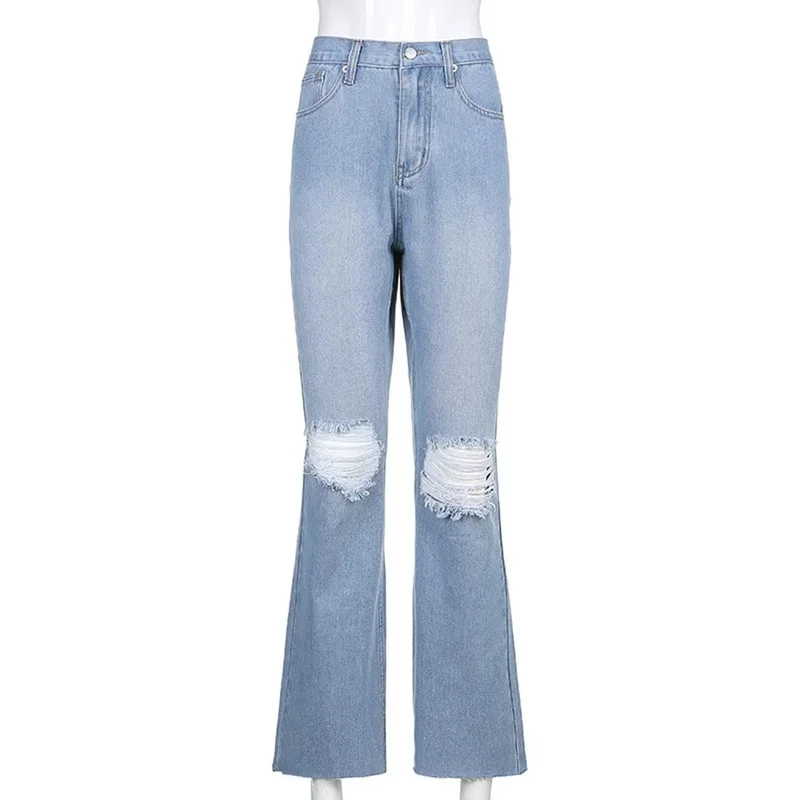 Women Vintage Wide Leg Flare Denim Pants 2024 Hole High Waist Y2k Baggy Jeans Classic Ripped Trousers Female Streetwear Popular