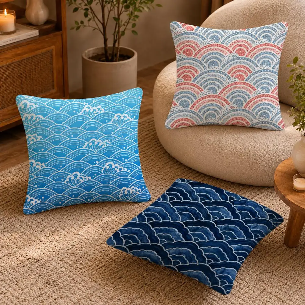 Seigaiha Ocean Wave Pattern Cushion Cover Short-Plush Cushion Cover Pillowcase — Suitable for Sofas Bedrooms and Home Decor