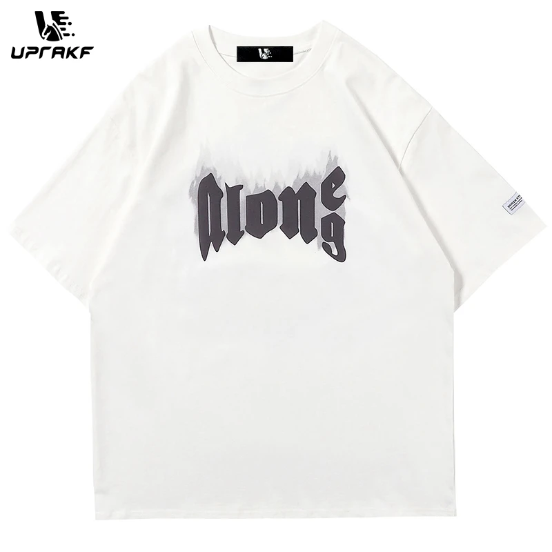 UPRAKF New Funny Smoke Ring Graphic Letter Print T Shirt Loose Summer Harajuku Round Neck Cotton Streetwear Oversize Tops Tees