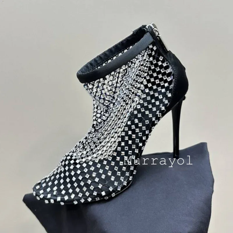 Rhinestone Decor Thin Heels Short Boots Women Pointed Toe Mesh Hollow Out  Ankle Boots  Summer Cool Boots Ballet Shoes Loafers