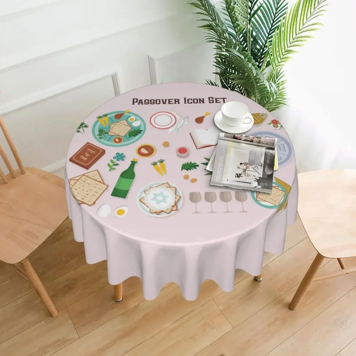 Passover Icon Set With Seder Plate Hagadah And Wine Round Table Cloth Pink Table Cover Tablecloths Wedding Table Decoration